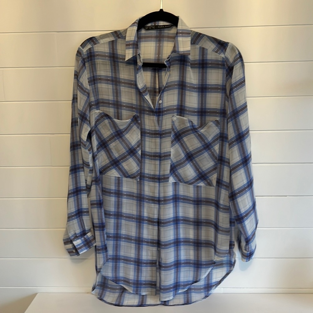 Zara Basics Sheer Plaid Blouse